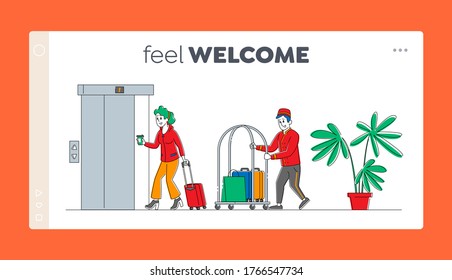 Hospitality, Room Reservation Landing Page Template. Hotel Staff Meeting Guest In Hall Carrying Luggage By Cart. Woman Character Check In Guesthouse For Vacation. Linear People Vector Illustration