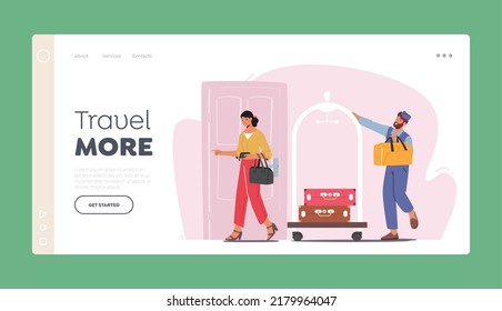 Hospitality, Room Reservation Landing Page Template. Hotel Staff Meeting Guest in Hall Carrying Luggage by Cart. Woman Character Checkin Stay in Guesthouse for Trip. Cartoon People Vector Illustration