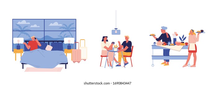 Hospitality and Room Service Concept. Male Female Characters Have Breakfast Sit at Table, Man Call on Reception from Suit, Restaurant Staff Serving Food for Guests. Cartoon People Vector Illustration