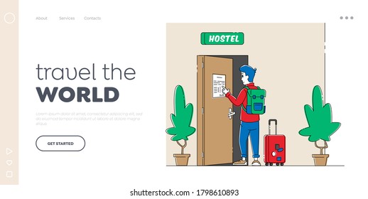 Hospitality Service, Check in Landing Page Template. Tourist with Luggage Reading Hostel Rules. Traveler Character Move to Cheap Guesthouse Stay at Night for Accommodation. Linear Vector Illustration