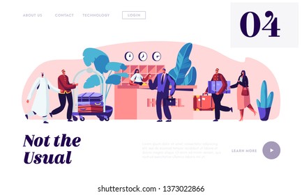 Hospitality Service. Clerks and Receptionist Meeting Guests in Hotel. Businessman Take Room Key. Stuff Meeting Lodgers in Lobby Website Landing Page, Web Page. Cartoon Flat Vector Illustration, Banner