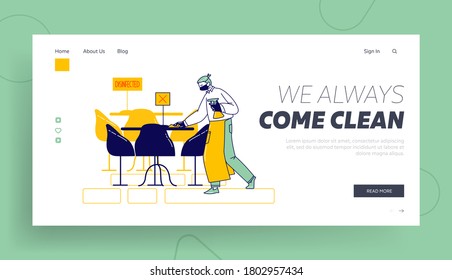 Hospitality Service at Coronavirus Pandemic Landing Page Template. Waiter Character Wear Protective Face Mask Disinfecting Tables at Cafe or Restaurant. Virus Protection. Linear Vector Illustration