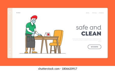 Hospitality Service at Coronavirus Pandemic Landing Page Template. Waiter Character Wear Protective Face Mask and Gloves Disinfecting Tables at Cafe or Restaurant. Virus. Linear Vector Illustration