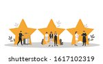Hospitality service flat color vector illustration. Porter, resort manager, doorman. Housekeeper, waiter, administrator. Rating stars. Hotel staff isolated cartoon characters on white