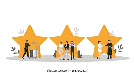 Hospitality service flat color vector illustration. Porter, resort manager, doorman. Housekeeper, waiter, administrator. Rating stars. Hotel staff isolated cartoon characters on white