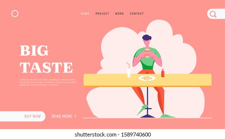 Hospitality Service, Gastronomy, Relaxing Business Lunch Time Website Landing Page. Hungry Male Character Eating Fast Food Sitting at Table in Cafe Web Page Banner. Cartoon Flat Vector Illustration