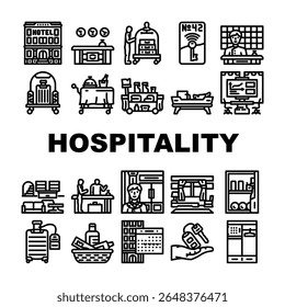 hospitality service guest hotel icons set vetor. viagem, alojamento turístico, restaurante, experiência de reserva, check-in, check-out hospitality service guest hotel black contour illustrations