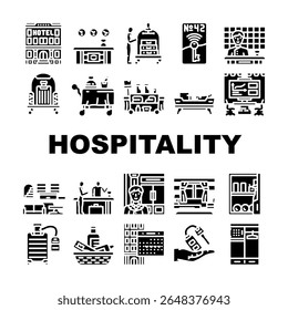 hospitalidade serviço de hospedagem convidado ícones do hotel set vetor. viagem, alojamento de turismo, restaurante, experiência de reserva, check-in, check-out hospitalidade serviço de hospedagem convidado hotel glifo pictograma Ilustrações