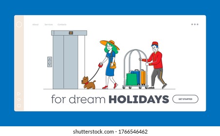 Hospitality Service, Tourist Arrive in Room Landing Page Template. Clerk Character Meeting Woman with Dog in Hotel Lobby Carry Baggage. Visitor, Guest Accommodation. Linear People Vector Illustration