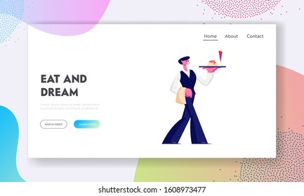 Hospitality Service Website Landing Page. Waiter Wearing Uniform Carrying Tray with Glass of Red Wine and Plate with Pasta and Sauce. Restaurant Staff Web Page Banner. Cartoon Flat Vector Illustration