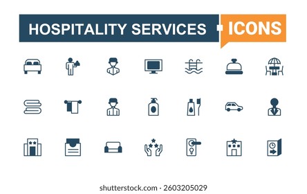 Hospitality Services icon pack. Pack of travel, hostel, hotel, receptionist, restaurant, reception and more. Hotel Service linear icon. Modern thin line style icons. Editable vector art.