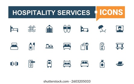Hospitality Services icon pack. Pack of travel, hostel, hotel, receptionist, restaurant, reception and more. Hotel Service linear icon. Modern thin line style icons. Editable vector art.