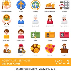 Hospitality Services Icons including Hospitality Services, Tourism, Traveling, Food and Beverages, Lodgings, Recreation, Guest, Child, Visitors, Guests, Strangers, Host, Cordial, Generous, Reception