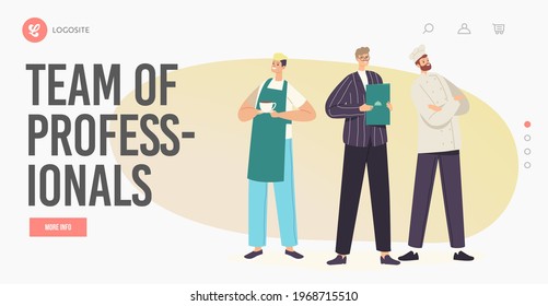 Hospitality Team of Professionals Landing Page Template. Restaurant Staff Characters in Uniform Chef in Toque and Apron, Administrator and Waiter Demonstrating Menu. Cartoon People Vector Illustration