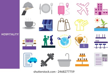 The hospitality and tourism industry .This industry sector includes: Hotels and Restaurant and Catering,Set of icons for business ,symbol collection.,Vector illustration.