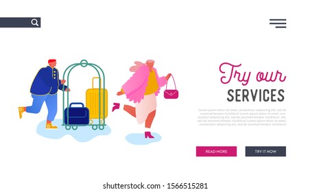 Hospitality Website Landing Page. Hotel Staff Meeting Guest Carrying Luggage By Cart. Businesswoman Stay In Guesthouse For Vacation Or Business Trip Web Page Banner. Cartoon Flat Vector Illustration