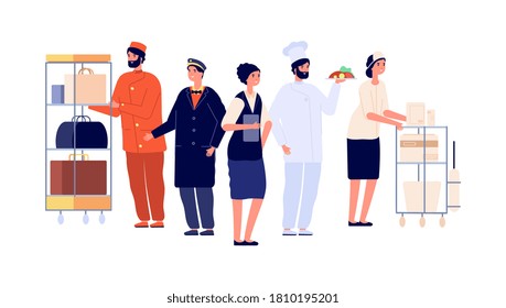 Hospitality Workers. Hotel Staff Characters, Receptionist Porter Maid Doorman Chef. Hostel Team, Travel And Tourism Vector Illustration