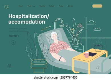 Hospitalization and accomodation -medical insurance web template. Modern flat vector concept digital illustration - a hospital patient elderly woman in a private ward on a bed by window