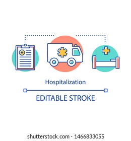 Hospitalization Concept Icon. Admission To Hospital For Treatment. Urgent Help. Medical History, Ambulance, Hospital Bed Idea Thin Line Illustration. Vector Isolated Outline Drawing. Editable Stroke