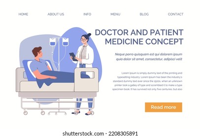 Hospitalization concept. Young man feels pain, fear, depression in hospital room. Doctor and patient in intensive care unit. Website, template, landing page. Vector characters cartoon illustration.