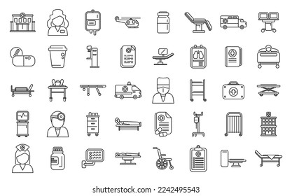 Hospitalization icons set outline vector. Medical health. Nurse bed