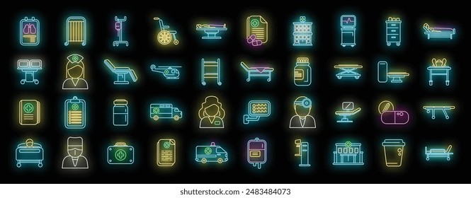 Hospitalization icons set outline vector. Medical health. Nurse bed neon color on black