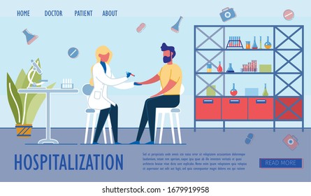 Hospitalization And Inpatient Hospital Care. Blood Test Procedure With People Cartoon Characters, Doctor And Patient In Treatment Room Before Admission To Hospital. Flat Vector Illustration.