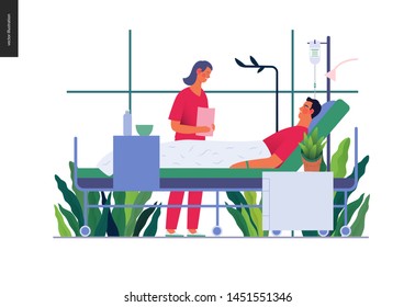 Hospitalization -medical insurance template -modern flat vector concept digital illustration - a hospital patient in the private ward and a doctor on ward round