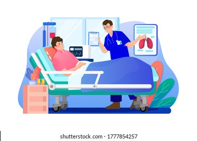Hospitalization of the patient. Doctor's visit to ward of patient man lying in a medical bed.