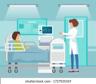 Hospitalization of the patient. A nurse or doctor wearing uniform with medicine taking care of a sick woman lying in a medical bed. Nurse making an injection to a sick patient in the treatment room