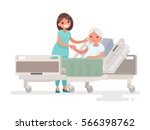 Hospitalization of the patient. A nurse taking care of a sick elderly woman lying in a medical bed. Vector illustration in a flat style
