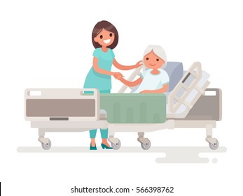 Hospitalization of the patient. A nurse taking care of a sick elderly woman lying in a medical bed. Vector illustration in a flat style