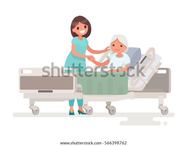 患者の入院 病気の年配の女性が病床に横たわっている看護師 フラットスタイルのベクターイラスト のベクター画像素材 ロイヤリティフリー