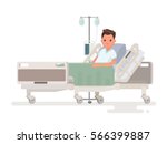 Hospitalization of the patient. A sick person is in a medical bed on a drip. Vector illustration in a flat style