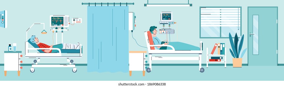 Hospitalization Of Sick People. Interior Of Clinical Icu Ward With Medical Equipment For Intensive Therapy. Treatment And Care For Ill Patients In Hospital Bed. Vector Illustration