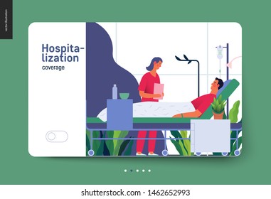 Plantilla de hospitalización -plantilla de seguro médico -moderna ilustración digital de concepto de vector plano- un paciente hospitalario en la sala privada y un médico en la sala de guardia