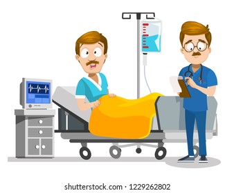 Hospitalized afraid man lying in hospital bed. Doctor in uniform diagnoses patient. Male physician examining sick patient in hospital. Healthcare and treatment in modern clinic vector illustration