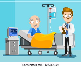 Hospitalized elderly man in intensive therapy ward. Doktor in white coat with checklist visiting patient lying in bed. Therapist tests patient in hospital room. Treatment in clinic vector illustration