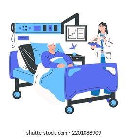 Hospitalisierter älterer Mann, der in einem Bett liegt und von einem Arzt behandelt wird. Kranke männliche Patientin, die sich mit einem behandelnden Arzt im Krankenhauszimmer unterhält. Vektorgrafik