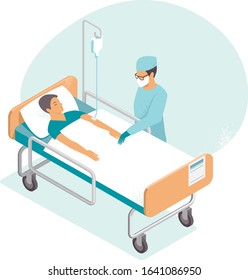 Hospitalized man lying in bed. Doctor checking him. Flat vector illustration