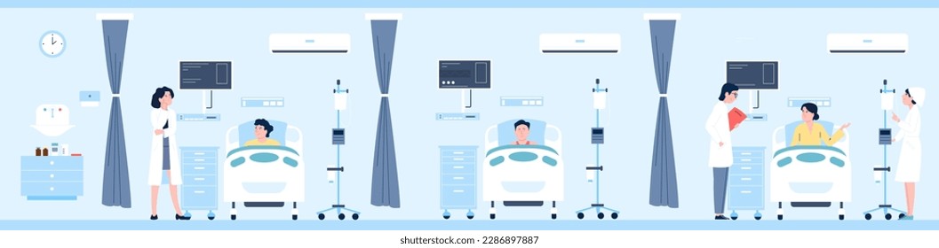 Hospitalized patient in intensive therapy clinic. Hospital patients, doctor and nurse. Emergency help, medical healthcare recent vector scene