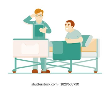 Hospitalized patient treatment. Doctor therapist visiting and consulting patient lying in bed isolated on white background. Treatment in clinic vector illustration