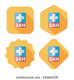 Hospitals 24 hours flat icon with long shadow