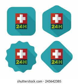 Hospitals 24 hours flat icon with long shadow
