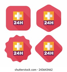 Hospitals 24 hours flat icon with long shadow