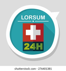 Hospitals 24 hours flat icon with long shadow