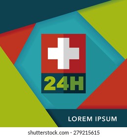 Hospitals 24 hours flat icon with long shadow