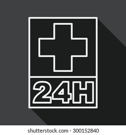 Hospitals 24 hours flat icon with long shadow, line icon