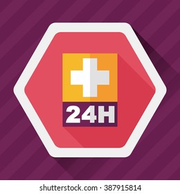 Hospitals 24 hours flat icon with long shadow