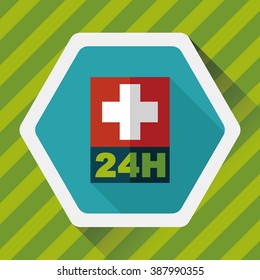 Hospitals 24 hours flat icon with long shadow